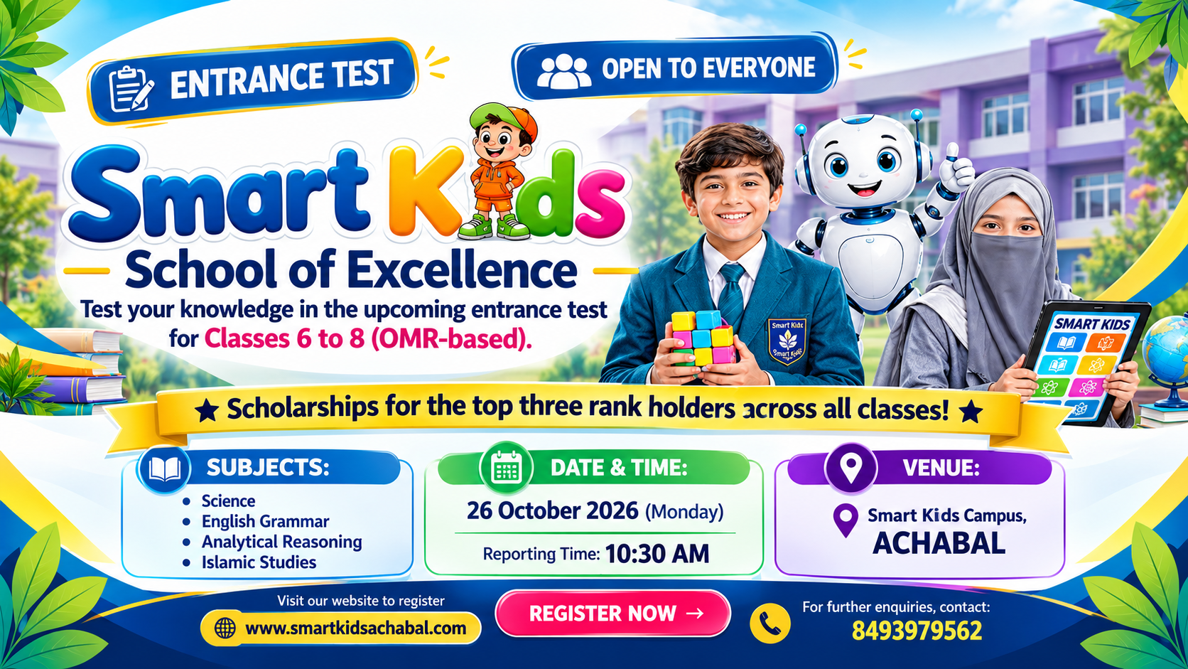Smart Kids Entrance Test 2026 poster for Classes 6 to 8